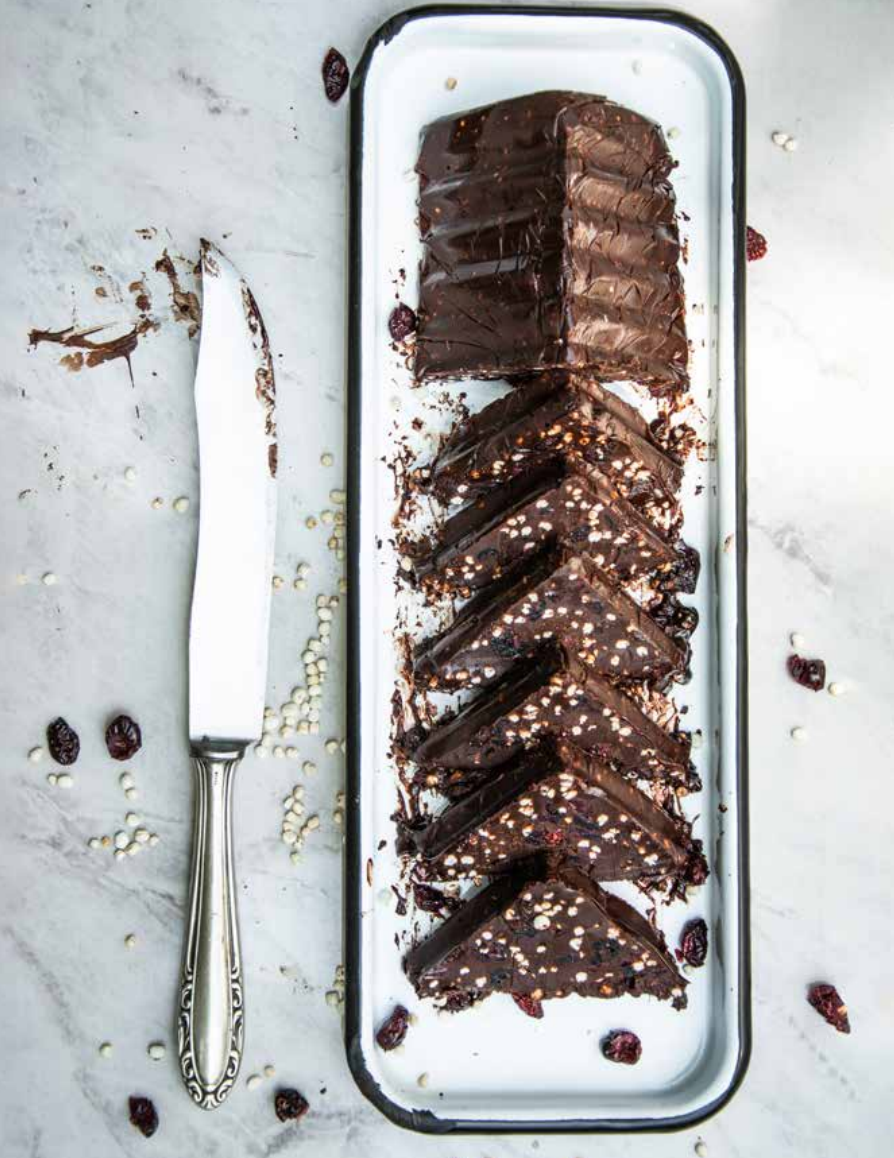 TRIÁNGULOS DE CHOCOLATE Y MENTA CON PIPOCAS DE QUÍNOA
